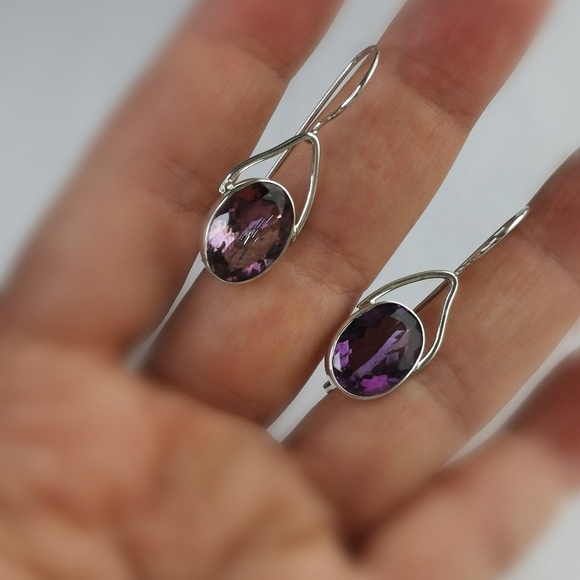 NWT Oval Cut Brazilian Amethyst Sterling Silver Drop Earrings - Picture 4 of 8